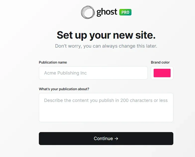 Ghost Pro page for creating a new website