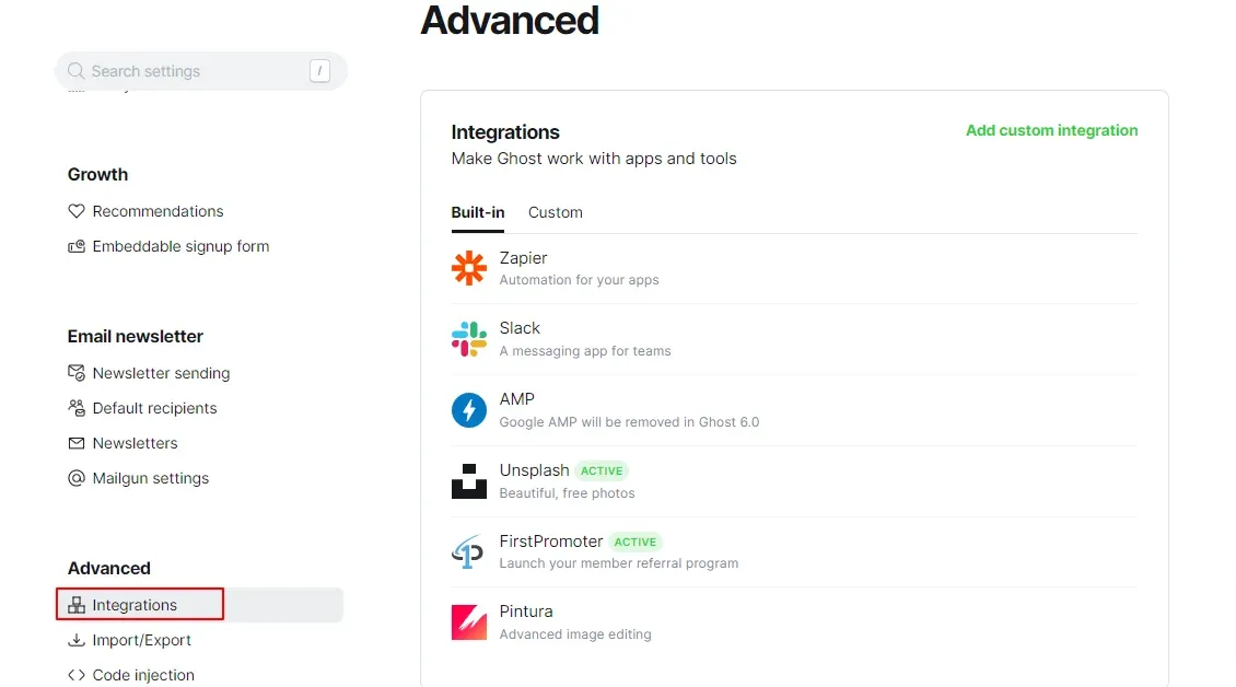 Screenshot of Ghost CMS extensions and integrations