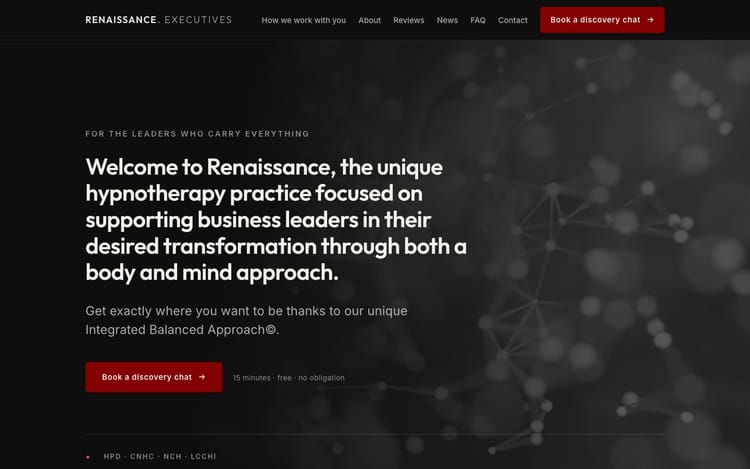 Page d’accueil de renaissanceexecs.com, cabinet d’hypnothérapie pour dirigeants, réalisé sur Ghost par Abstract27